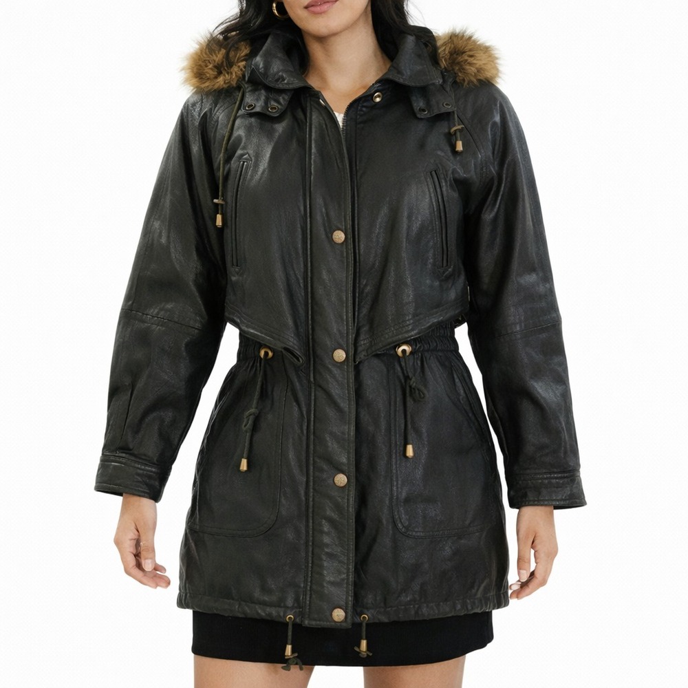 90s Vintage Caped Leather Parka Womens S Dark Green Faux Fur Hood Utility Coat